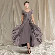A-Line Mother of the Bride Dress Wedding Guest Elegant Plus Size High Low V Neck Tea Length Chiffon Lace Short Sleeve with Pleats Appliques free custom size