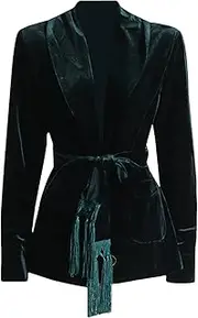 [Zadaos] Women's Solid Spliced Belt Blazer Notched Collar Long Sleeve Patchwork Pockets Suit Jackets