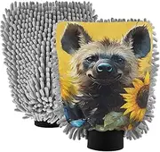 XYMZR Absorbent Microfiber Car Wash Mitt Hyena Sunflower Butterfly, Funny Cute Anime Scratch Free for Cars Cleaning, Home Cleaning Mitts, 2 Pack, 10.24” L x 7.09” W