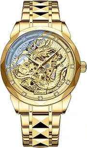 [DAXIAOYU] Luxury Gold Mechanical Watch Men Unique Dragon Patern Dial Golden Stainless Steel Strap Automatic Men's Wathces, Gold, Luxury