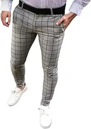 [Generic] Men's Fashion Stretch Dress Pants Lightweight Slim Fit Flat Front Plaid Suit Pants Casual Business Golf Pants Pockets