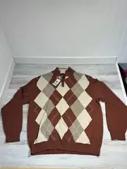 NWT Tasso Elba 1/4 Zip Sweater Mens Large Pullover Knit Mock Neck Argyle/Diamond
