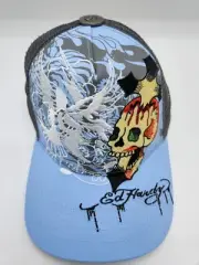 Ed Hardy Tattoo Skull Hat Flames Blue Gray White Snapack Adjustable NWT Trucker