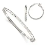 925 Sterling Silver 4mm Bangle Bracelet 3mm Hoop Earrings Set