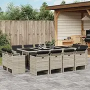 13 Piece Garden Dining Set with Cushions, All Weather Patio Furniture Set for Backyard Garden Deck Poolside, Light Grey Poly Rattan