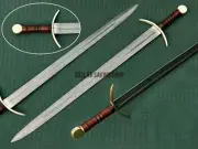 Hand Forged Medieval Knight Templar Damascus Blade Sword with Leather Sheath.