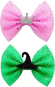 [Nuolich] 2 PCS Pink Green Hair Bow Clips for Women Girls Princess Witch Dress Up Hair Accessories for Wicked