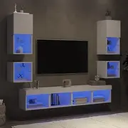 8 Piece Floating TV Wall Units with RGB LED Lights, White Engineered Wood Entertainment Center Storage for Living Room