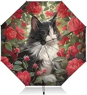 [RPLIFE] Painting Kitten Cat Flowers Umbrella for Rain, Lightweight Portable Auto Open Close for Women, Travel Umbrellas for Rain, Wind and Sun