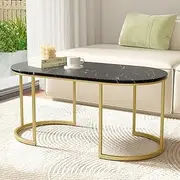 Artiss Coffee Table Marble Effect Top Black Wooden Oval Metal Base
