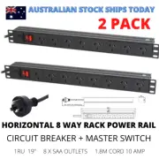 8 Way Server Rack Mount PDU 19" Power Board 1RU Rail Powerboard + Switch 2 PACK