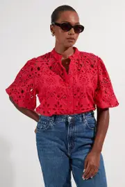 Plus Size Cotton Broderie Woven Short Sleeve Blouse