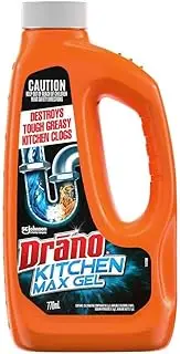 Drano Kitchen Max Gel Drain Cleaner, Unclog Drains, Eliminates Tough Greasy Clogs, Kitchen Drain Cleaner for Sinks, Safe On All Pipes, 770mL