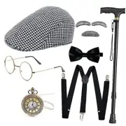 Old Man Costume Accessories Set 100 Days Houndstooth Newsboy Hat-black White