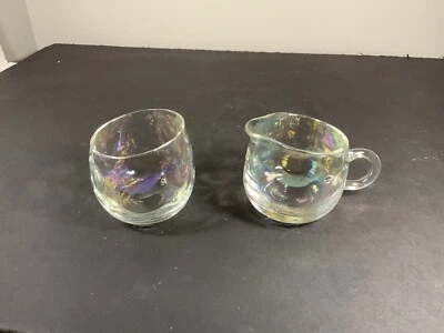 Iridescent Hand Blown Art Glass Creamer and Sugar Bowl, Applied Handle