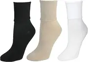 [Jefferies Socks] Women's Organic Cotton Turn Cuff Sock (Pack of 3), Black, Khaki, and White
