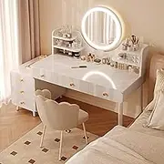 Makeup Vanity Table,Dressing Table with 6 Drawers and LED Mirror,Vanity Desk with Open Shelfs,Light Brightness Adjustable,Lots Storage(Dressing Table+Petal Chair)