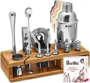 Bartender Kit - Stainless-Steel Cocktail Shaker Set W/Bamboo Stand - Mixology Ba