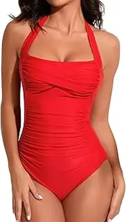 [Smismivo] Tummy Control Swimwear Black Halter One Piece Swimsuit Ruched Padded Bathing Suits for Women Slimming Vintage Bikini