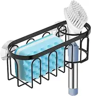 Yazoni 2-in-1 Sponge Holder for Kitchen Sink, Suction Cup Sponge Rack Kitchen Sink Caddy, No Drill Rustproof Kitchen Sink Organizer for Place Dishwashing Brush Soap and Sponge (Black)