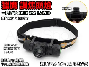 《天使小舖》獵鷹 調焦強光頭燈 CREE XM-L2 LED 18650鋰電池變焦頭燈 可USB充電 露營 登山 工作