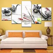 Modular Wall Art Canvas Prints Paintings 5 Panel Sea Fishing Rod Fishing Bait Pictures Poster Home Decor For Living Room,With Frame