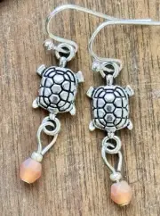 Etched Silver Sea Turtle and Coral Bead Dangle Earrings.