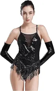 [Jugaoge] Womens Latin Dance Performance Outfits Sparkly Sequins Fringed Leotard Bodysuit with Gloves