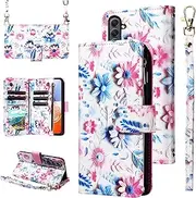 [Furill] Wallet Case for Samsung Galaxy A14/M14 5G with Wrist Strap Crossbody Shoulder Strap Flower Leather 6+ Card Slots Zipper Purse Credit Card Holder Stand Phone Cover A 14 4G 14A 14M G5 Girls Pink