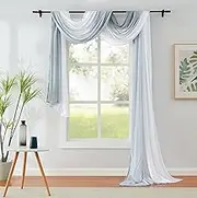 1 Piece Ombre Chiffon Sheer Window Scarf Valance Curtains 18ft for Living Room, Home Decor, 52"x216" Long Crinkle Soft Window Top Sheer Voile Valance for Wedding Party Decor, Grey