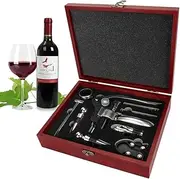 9-Pieces Wine Opener Set, Corkscrew Stainless Steel Wine Bottle Opener Kit, Wine Accessory Sets with Bottle Opener, Foil Cutters, Aerator, Wine Stopper, Thermometers, Drip Rings with Wood Case