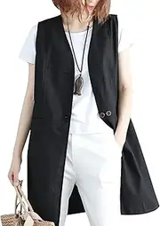 [Arssm] Womens Linen Vest Sleeveless Plus Size Open Front Long Duster Vest Blazer Jacket