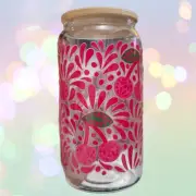 Pink Glass Mandala Cup Mug 16oz Libby With Bambo Lid And Straw