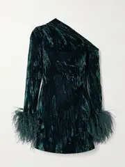 [16ARLINGTON] 16ARLINGTON - Adelaide One-shoulder Feather-trimmed Crushed-velvet Mini Dress - Teal - UK 14 UK 14 Blue