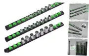 3-Piece Magnetic Socket Organizer, Heavy Duty Aluminum Socket Rails 3PC Green