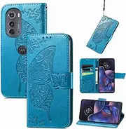 Fashion Butterfly Wallet Phone Cover Compatible with Motorola Edge 2022 Moto Edge 30 Fusion Edge30Fusion Leather case Lanyard Anti Fall Protective Shell (Blue,Moto Edge 2022)