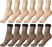 [letcdfer] 12 Pairs Women's Ankle Socks Sheer Pop Socks for Women Ankle High 20 Denier Reinforced Toes Nylon Transparent Sock Ladies Pop Sock Ankle for Ladies Girls(6 Pairs Nude+6 Pairs Black