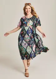 [Virtuelle] Taking Shape Natural Pocket Midi Dress Size 10 in Patchwork Print, Bamboo - Plus Size Women's Clothing Patchwork Print