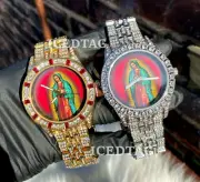 HIP HOP ICED BLING-ED OUT GOLD PT VIRGEN MARY LUXURY STYLISH LAB DIAMOND WATCH