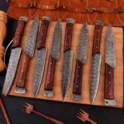 Custom Handmade Damascus Chef Knives Set Of 8Pcs With Genuine Leather Sheath