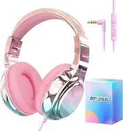 QearFun Kids Headphones with Microphone,Wired Headphones for Kids with Volume Limit,Sharing Jack,Kids Headphones with Cord for Girls,Foldable Headphones for iPad (Pink Aurora)