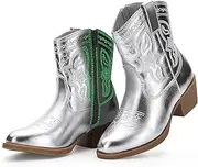 [PATPAT] Cowgirl Boots Girls Little Big Kids Cowboy Western Boots Boys Metallic Horse Riding Shoes Short Calf Sparkly Star Embroidered Pointed Round Toe Side Zipper Low Heel Party Birthday Country Pull on