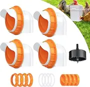DIY Chicken Feeder No Waste 4 Ports Automatic Poultry Feeder with 4Pcs Stopper & 1 Hole Saw, Weatherproof Reusable Gravity Chicken Feeder Kits for Buckets, Barrels, Bins, Troughs-Orange