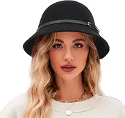 [KorhLeoh] Womens' Wool Cloche-Hat Bucket-Hat, 20s Vintage Wool Blend Church-Hat Winter-Hat Bowler-Hat with Belt Decor