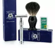 Double Edge Safety Razor & Black Hair Badger Brush Shaving Kit with Free Blades
