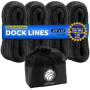 Dock Lines 1/2" x 15' with 12" Eyelet, 4-Pack Black Premium Double Braid Nylon