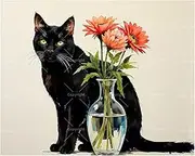 Pet Art Paint by Numbers Kit for Adults - DIY Black Cat with Orange Daisies in Vase Painting on Canvas 16x20 Inches, Acrylic Paint Set,Suitable for Beginners,Art for Home Decoration or Gifts