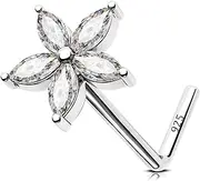 [Jewseen] Silver Nostril Piercing Stud Flower Nose Ring L Shaped Nose Stud CZ Nose Screw Dangle Nose Piercing Jewellery Nose Stud, Cubic Zirconia