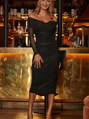 Sosandar Black Petite Sparkle Bardot Ruched Midi Dress (AT6633) | $196