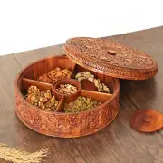 Engraved Wooden Round Storage Box - Large Capacity Indian Spice Masala Dabba